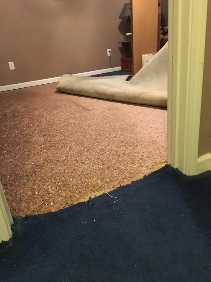 Carpet pad removal revealing water damage during Water Mitigation Services in Kirksville